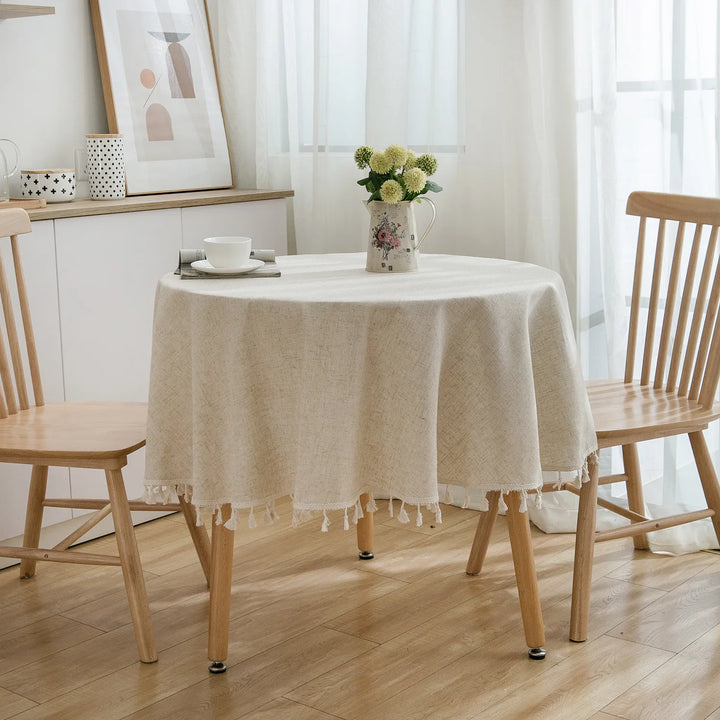 Elegant Cotton-Linen Blend Round Tablecloth with Tassels