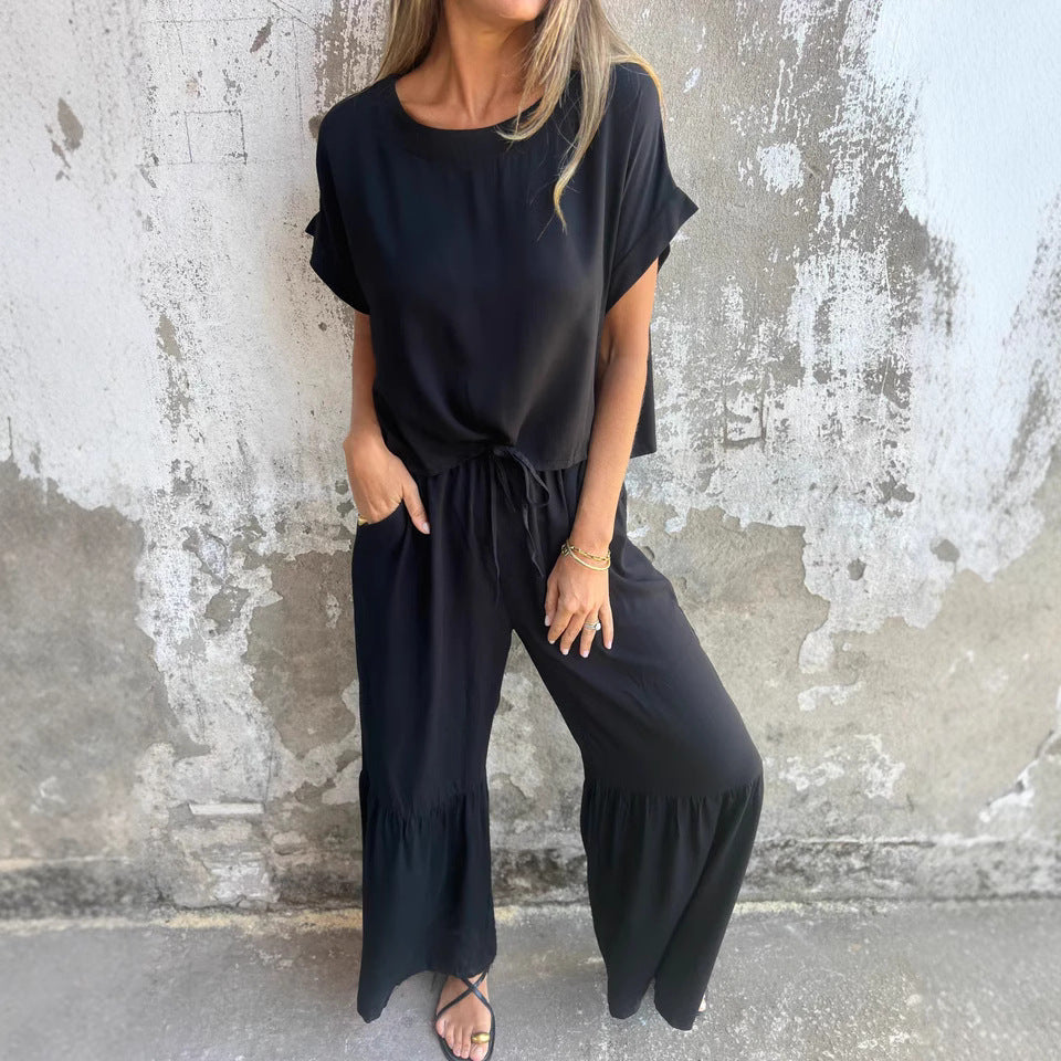 Short-sleeved Suit Summer Round Neck Pullover Top And Drawstring Wide-leg Pants Fashion Set For Women Clothing