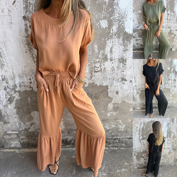 Short-sleeved Suit Summer Round Neck Pullover Top And Drawstring Wide-leg Pants Fashion Set For Women Clothing