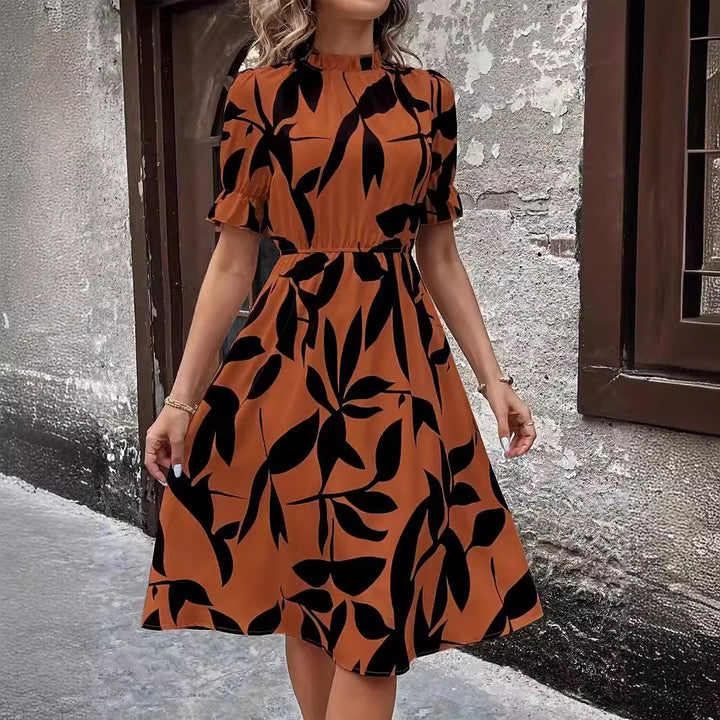 Short Sleeve Round Neck Ruffled Printed Girdle Dress