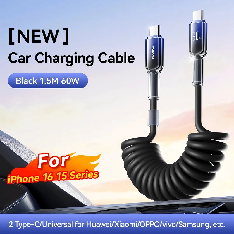 60W USB Type C PD Spring Car Charging Cable