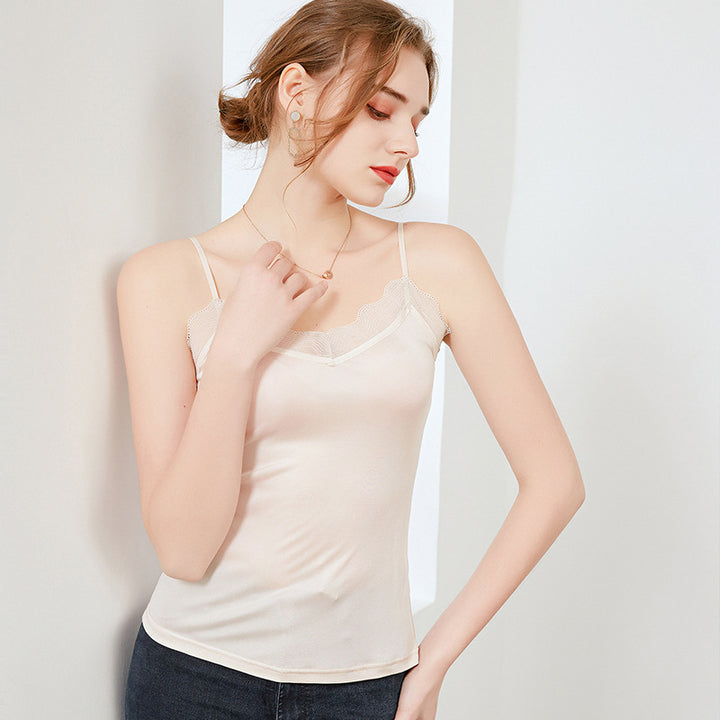 Luxurious Lace Trimmed Silk Camisole - V-Neck, Thin Knit Design