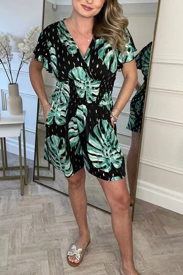 Leaf Print Shorts Jumpsuit Summer Beach Short-sleeved Bodysuit For Women Clothing