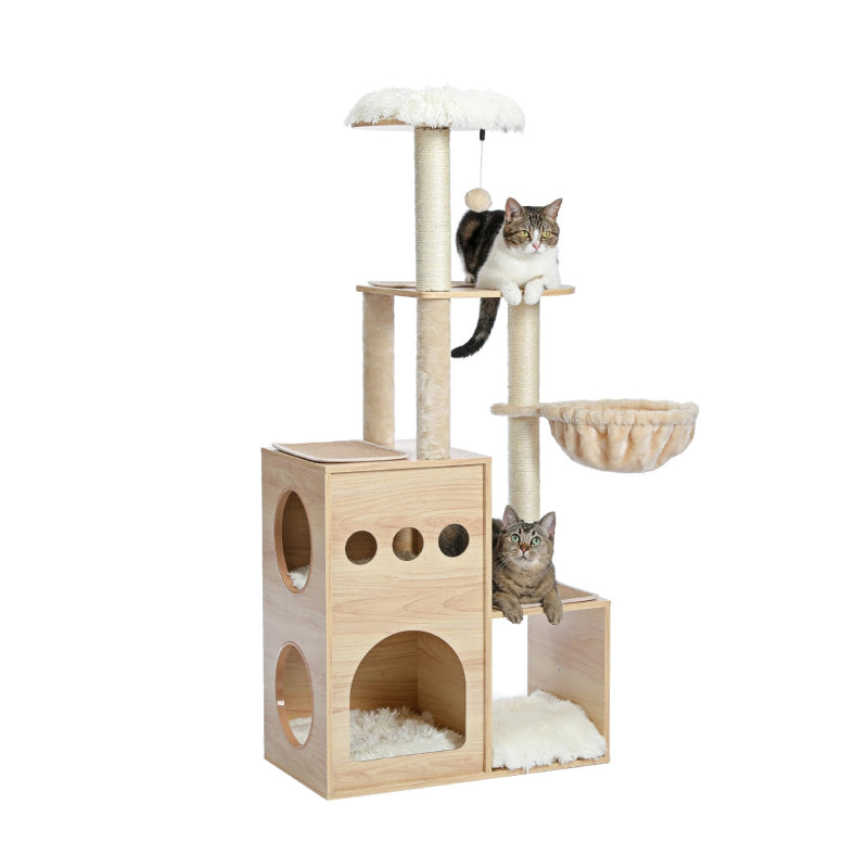 Wooden Cat Tree with Sisal Scratching Posts, Cozy Condo & Hammock