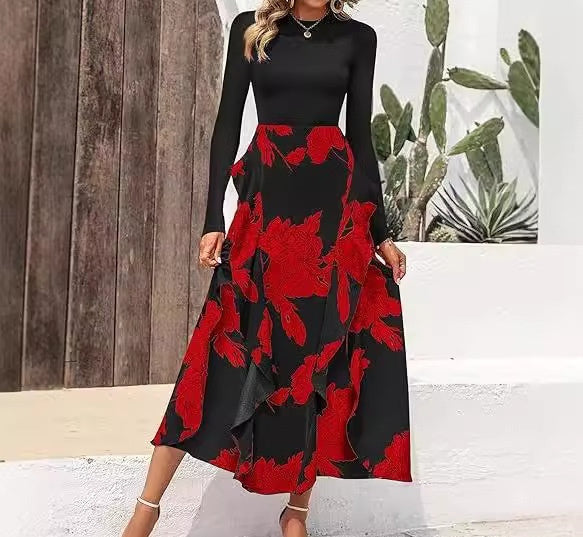 Women's Slim-fitting Patchwork Printed Ruffles Dress