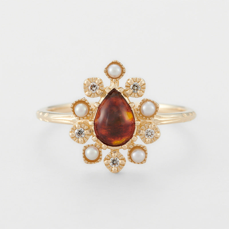 Vintage Ring Female S925 Silver Gilded Flower Amber