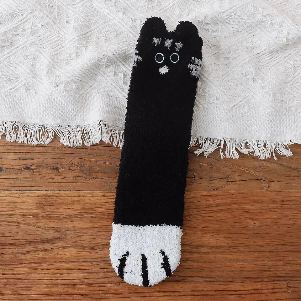 Cute Cartoon Kitten Fleece Warm Indoor Floor Socks - Kawaii Cat Claw Design