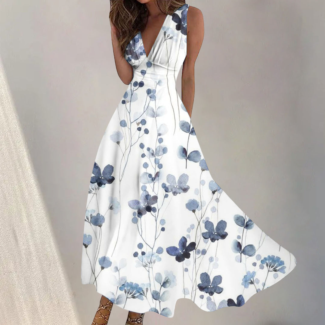 Women's Digital Printing Fashion V-neck Swing Long Dress