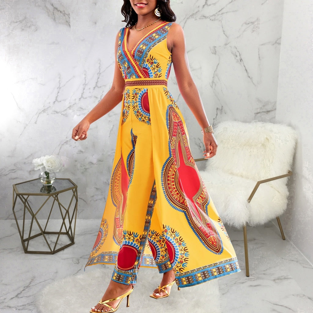 Fashion Digital Printed V-neck Women's Jumpsuit