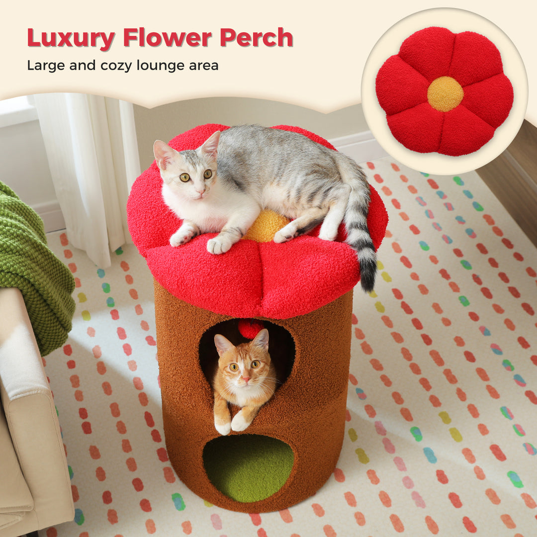 Cozy Flower Cat House with Pompom Ball - Double-Deck Cat Condo