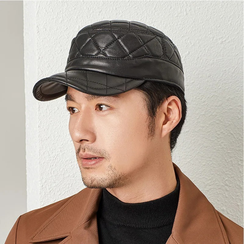 First Layer Sheepskin Hat Men's Rhombus Dome Peaked Cap