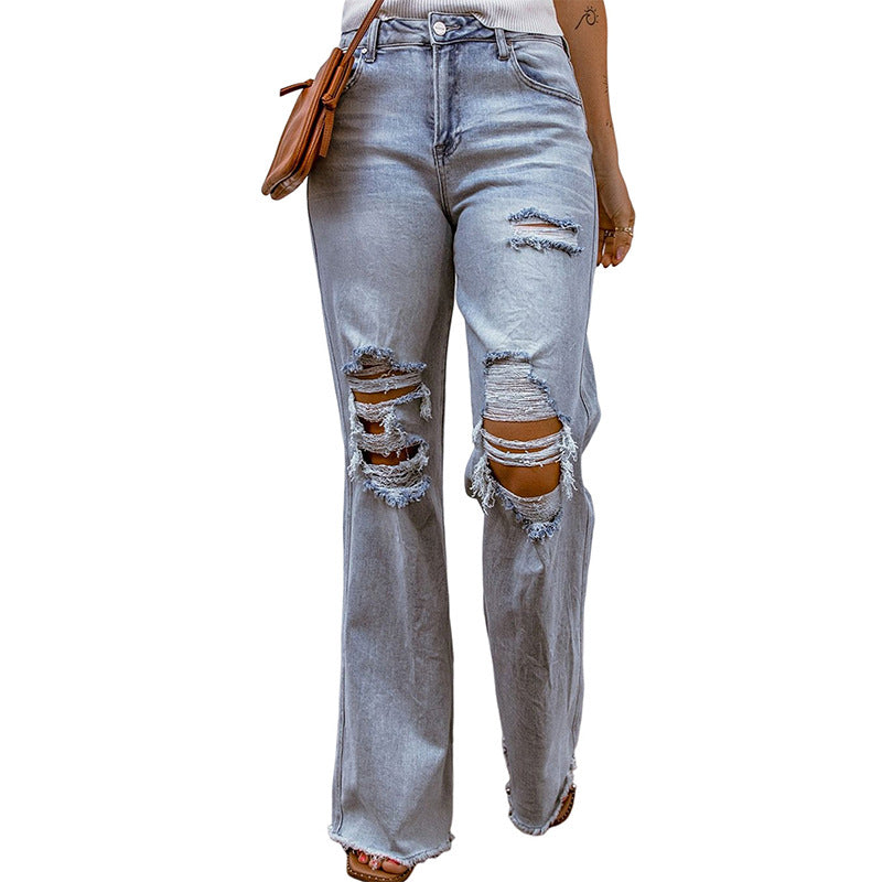 Ripped Hollow-out Wide-leg Cropped Pants For Women