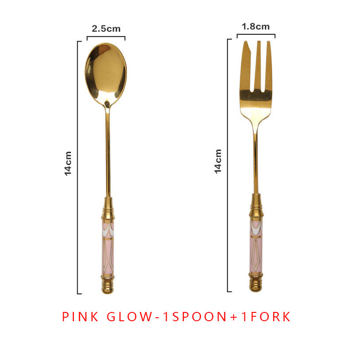 Elegant Vintage Gold and Ceramic Coffee Dessert Fork and Spoon Set