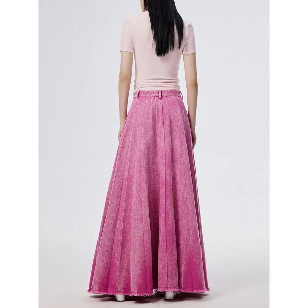 High Waist A-line Floor-Length Denim Skirt in Flash Rose Pink