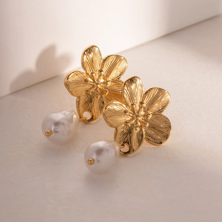 Luxury 18K Gold-Plated Stainless Steel Floral Pearl Drop Earrings