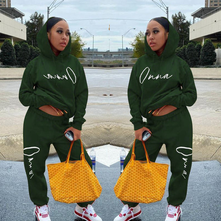 European And American Fashion Women's Wear Drawstring Printed Hooded Long Sleeve Trousers Two-piece Set