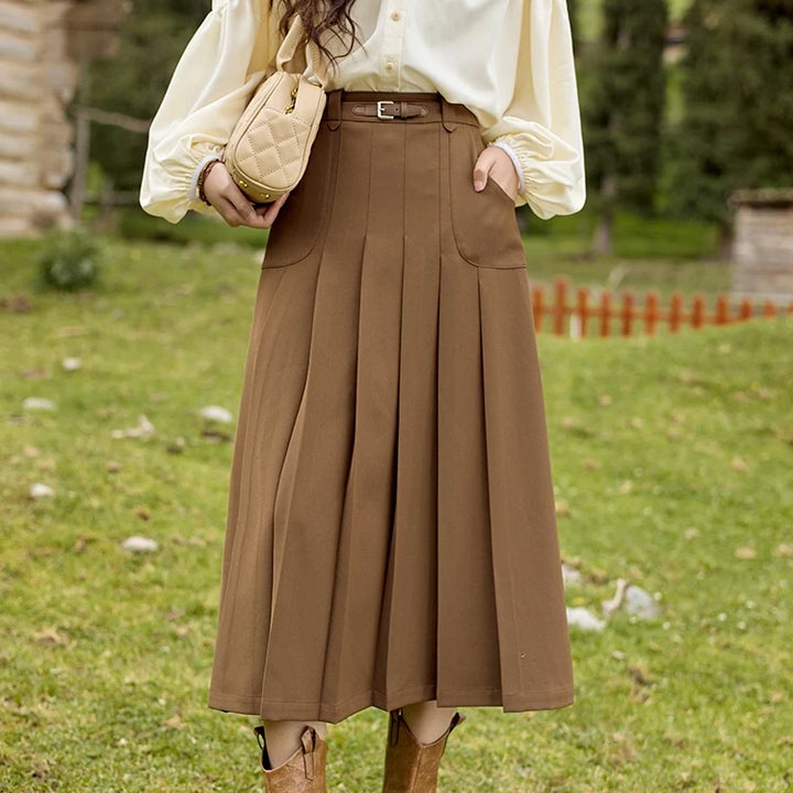 High Waist Pleated A-Line Skirt with Decorative Belt and Pockets