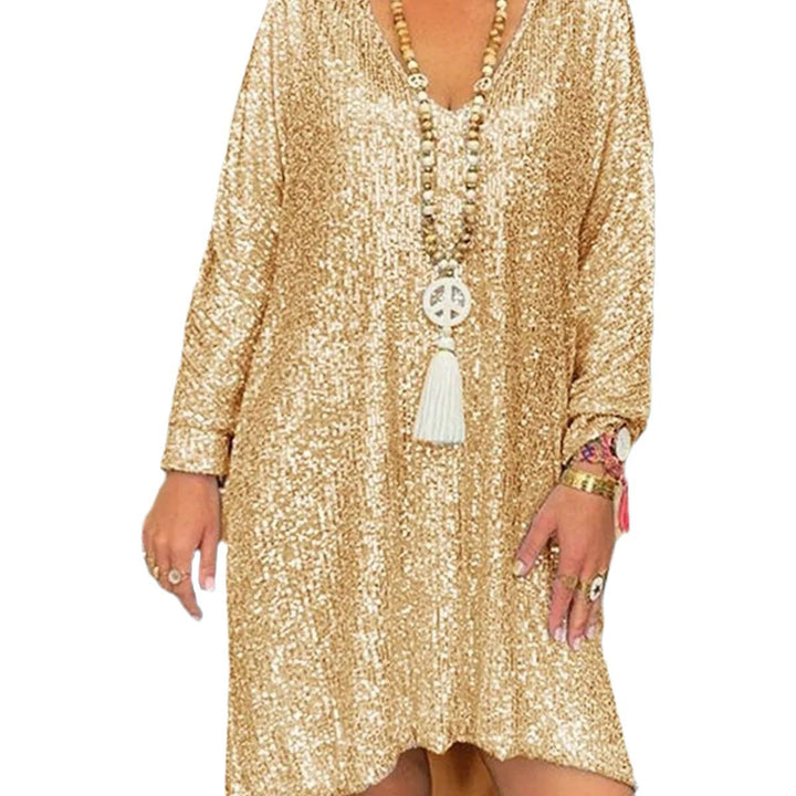 Casual Solid Color Loose Pullover Sequined Shirt V-neck Long Dress