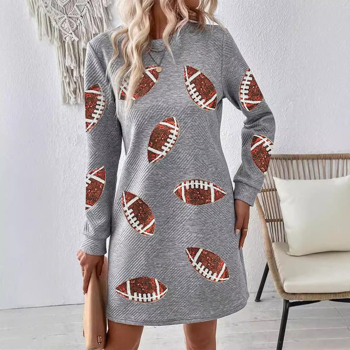 Women's Rugby Printed Long Sleeve Round Neck Pullover Dress