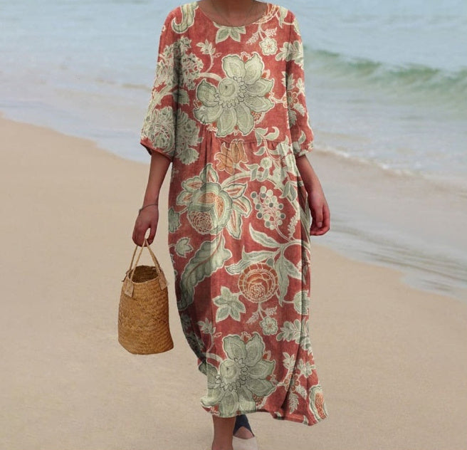 Round-neck Long Printed Casual Fashion Ladies Dress