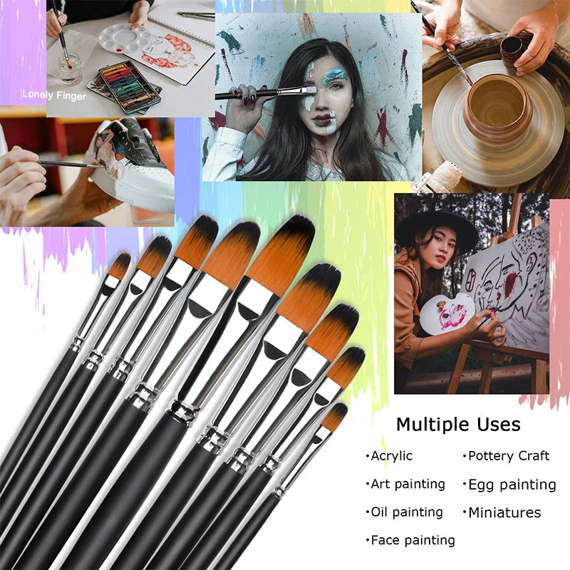 9pcs Filbert Paint Brushes Set - Nylon Hair, Wooden Handle for Oil, Acrylic, Watercolor & Gouache