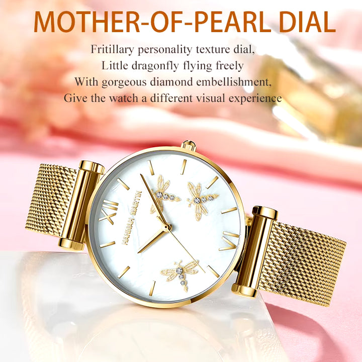 Dragonfly Design Watch with White Oyster Dial and Akoya Pearl Accents