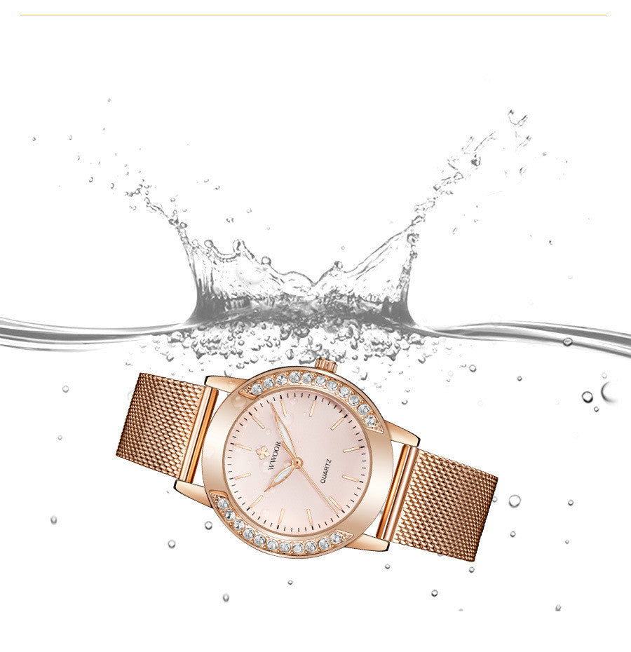 Women's Mesh Belt Quartz Watch Water Drill Bowl Watch