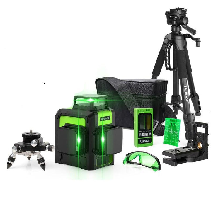 360° 3D Green Laser Level Kit with Receiver & Tripod, 12 Lines, Self-Leveling