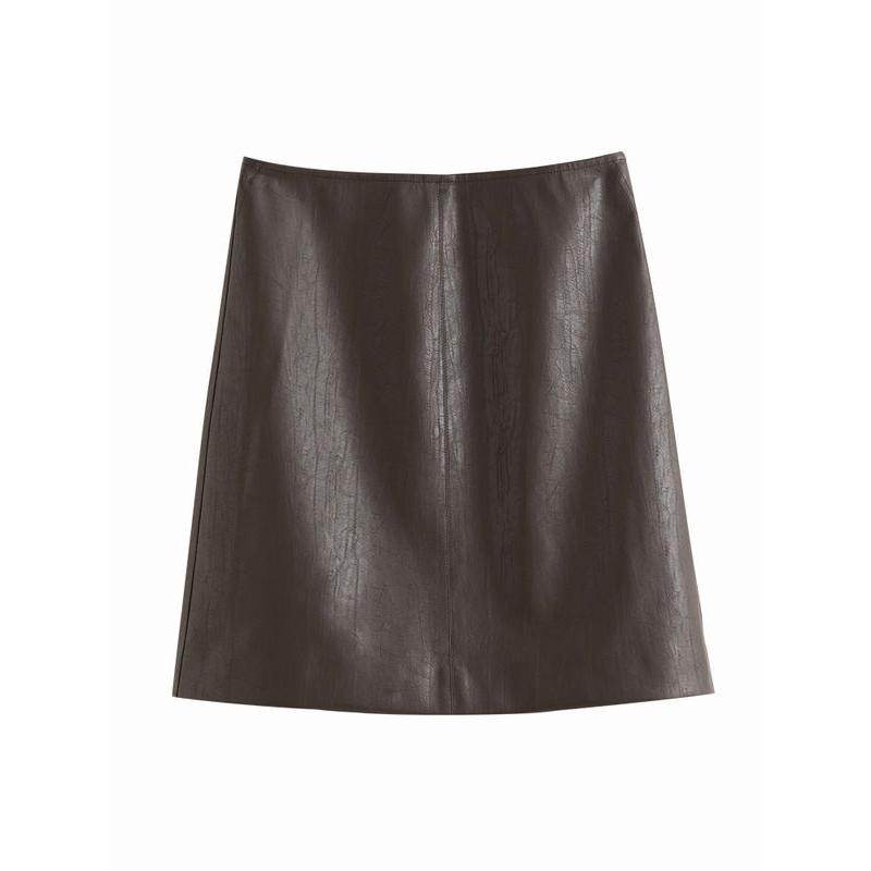 Women's High Waist Brown Leather Skirt