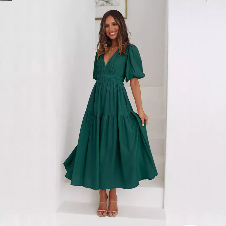 European And American Fashion Deep V Puff Sleeve Vacation Women's Dress