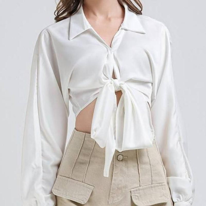 Elegant Vintage V-Neck Long Sleeve Crop Blouse