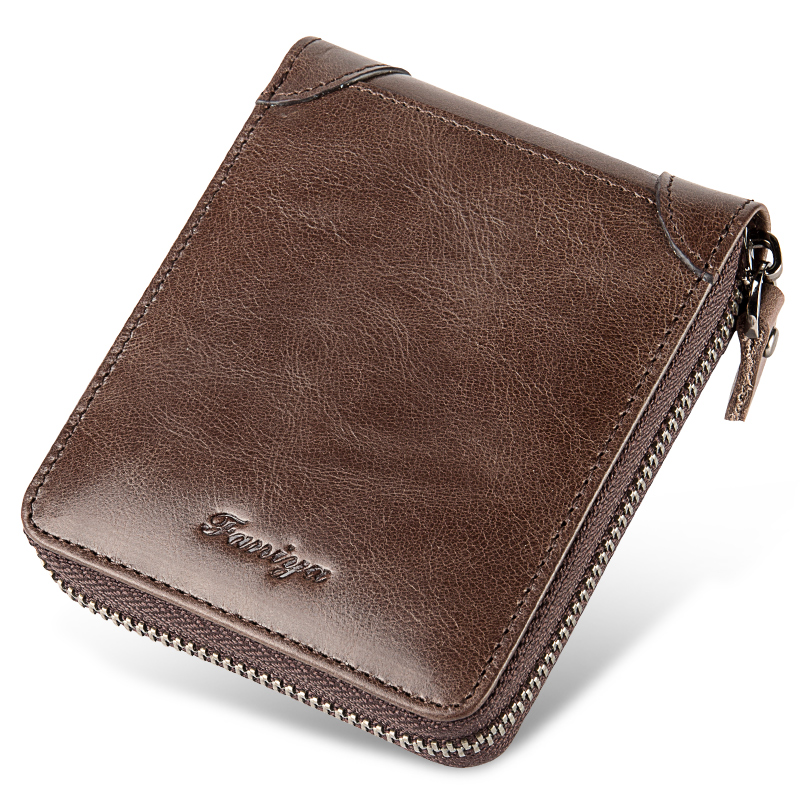 Cartera con cremallera antimagnética RFID de piel de vaca de primera capa para hombre, cartera corta plegable con 7 ranuras para tarjetas, cartera para licencia de conducir