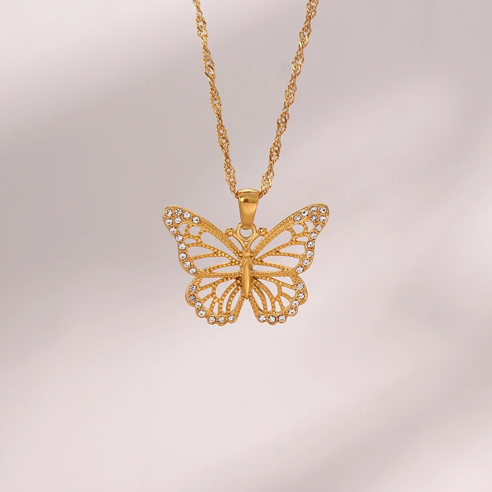 18K Gold Plated Butterfly Pendant Necklace with Zircon Crystals