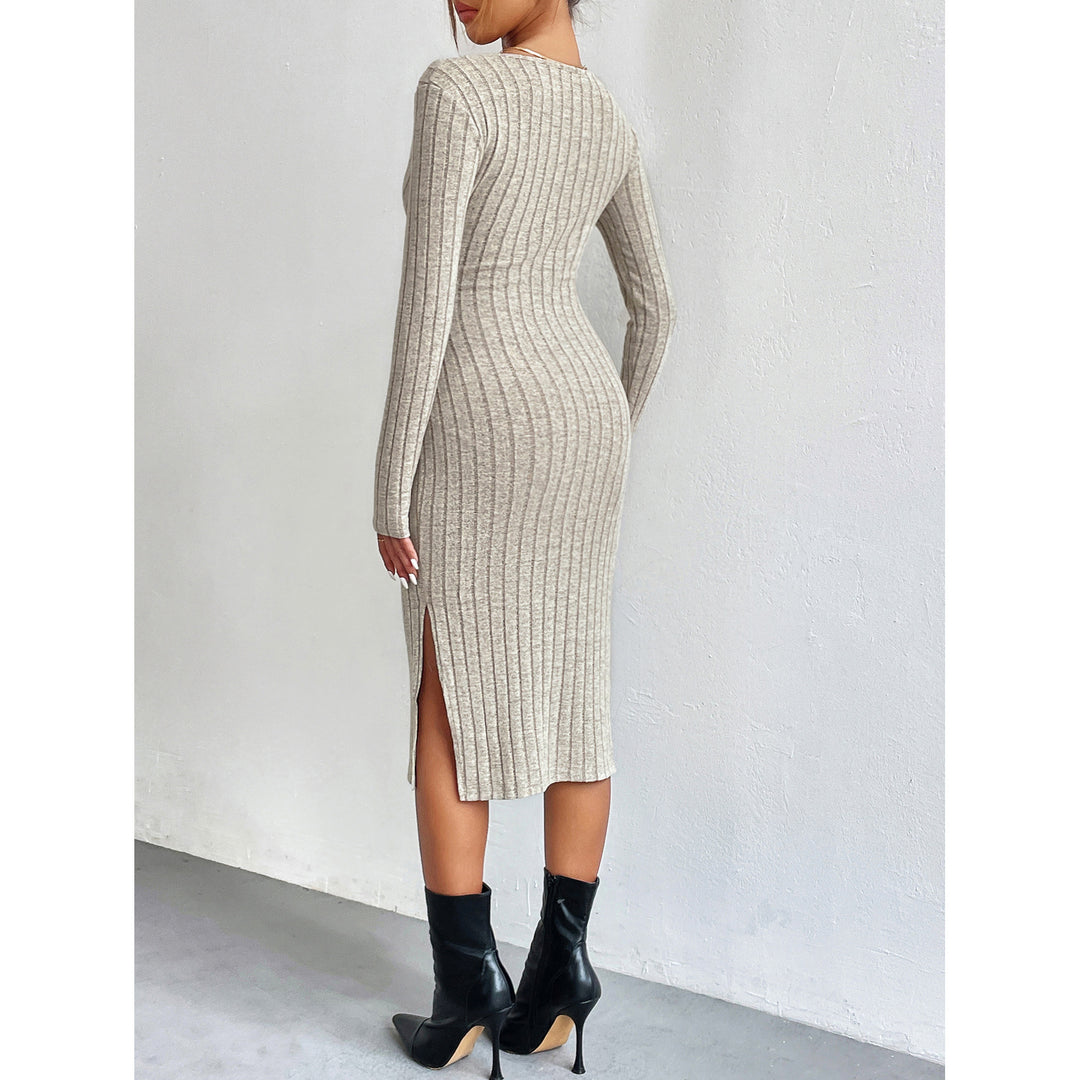 European And American Sexy High Waist Slit Long Sleeve Dress