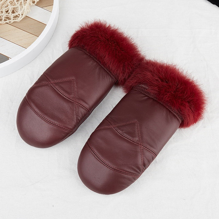 Leather Mittens Women's Winter Thickened Casual Warm Cycling Leather Gloves