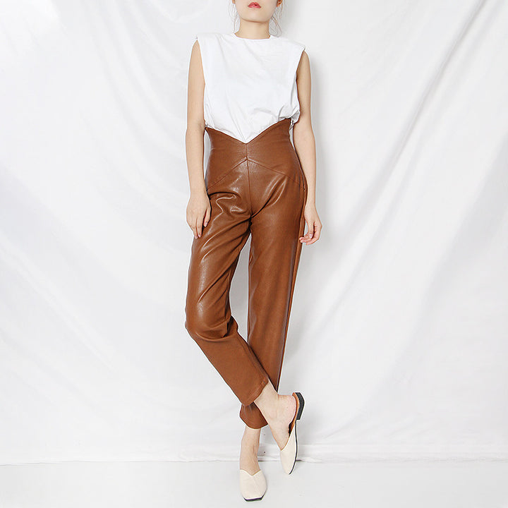 New Fashion High Waist Irregular Harem Leather Cropped Casual Pants