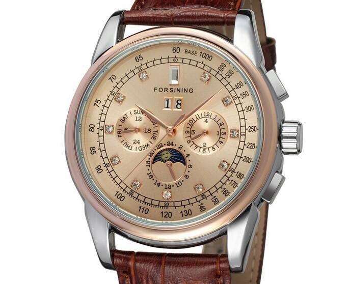 Moon Phase Shanghai Movement Rose Gold Case Brown Leather Strap Men Watch Top Brand Luxury Automatic Self Wind Watch