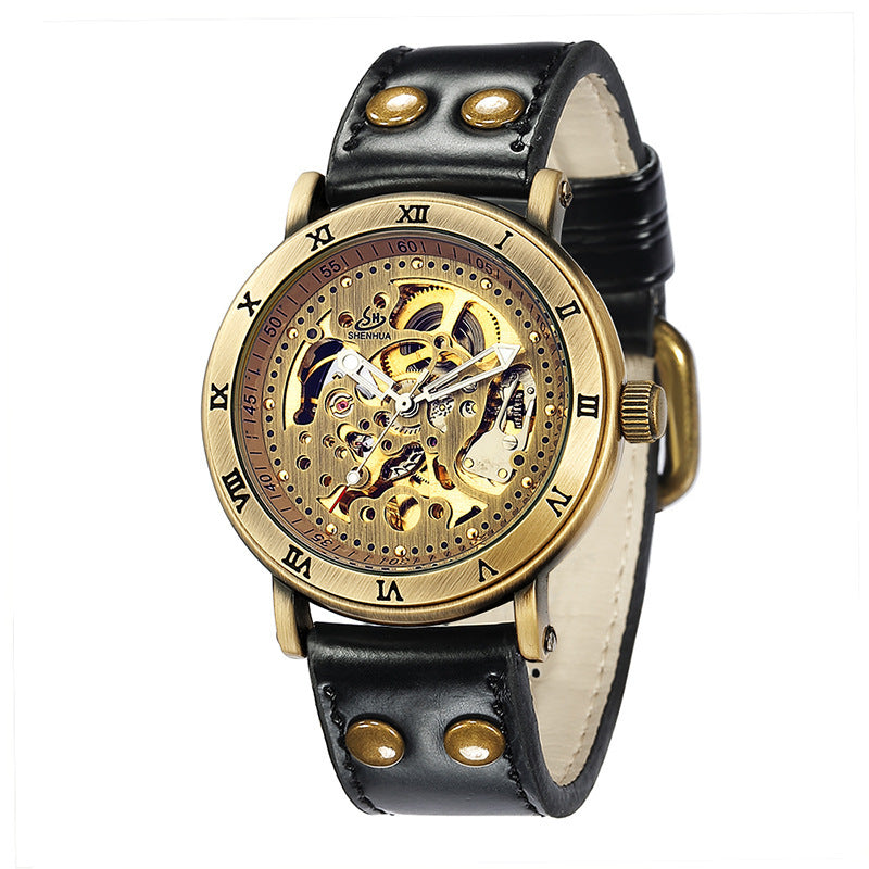 Men'S Automatic Mechanical Watch Belt Hollow Bronze Water Watch