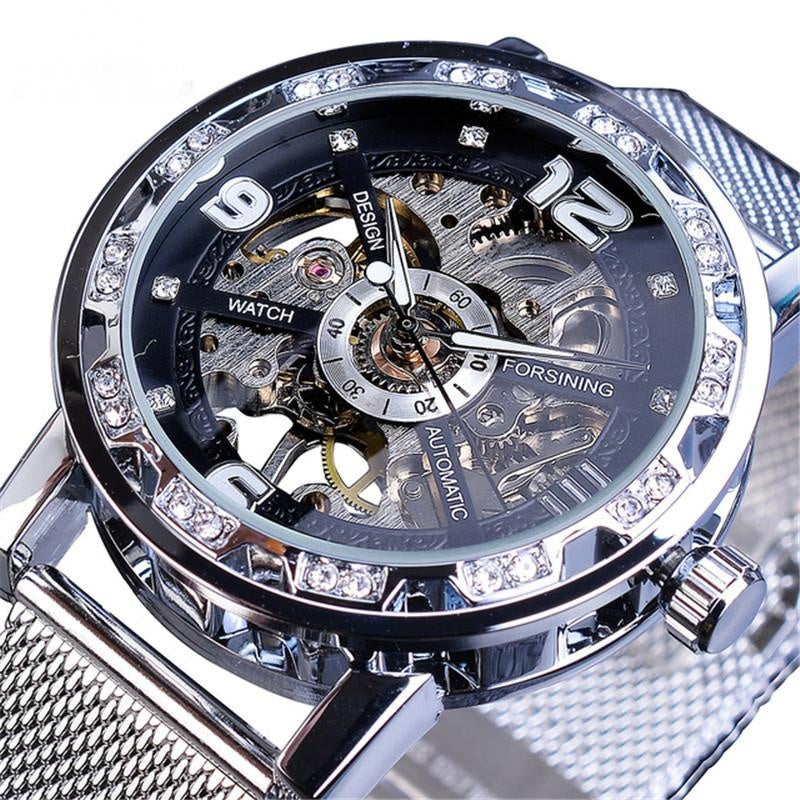 Mesh Belt Hollow Rhinestone Manual Mechanical Watch