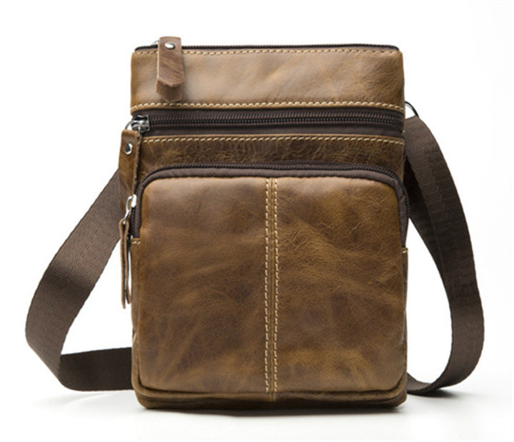 Retro Men's First Layer Cowhide Zipper Small Shoulder Bag