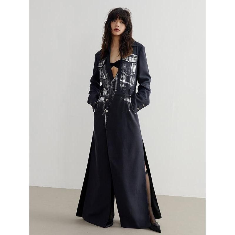 Women's Navy Irregular Slit Long Blazer