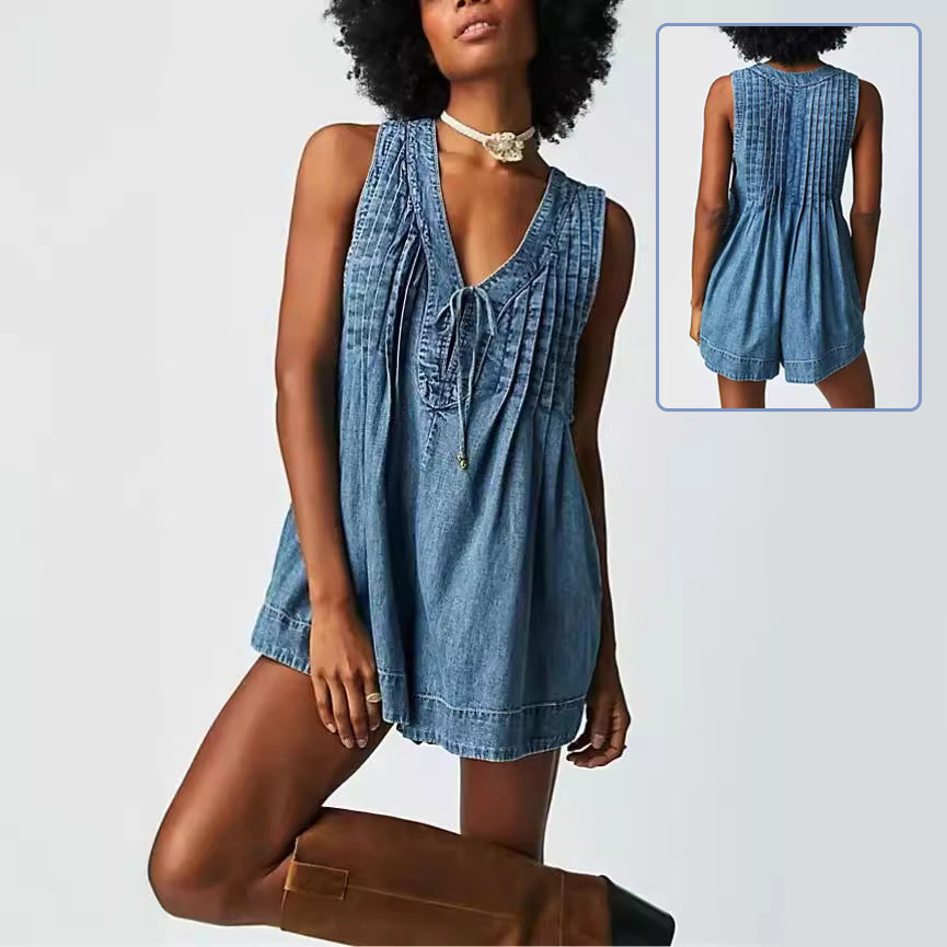 V-neck Sleeveless Denim Shorts Jumpsuit With Pockets Summer Fashion Loose Beach Pants