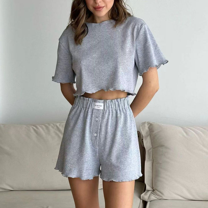 Ruffled Short Sleeve Suit Summer Elastic-band Shorts And Round Neck Cropped Top Fashion Women's Clothing