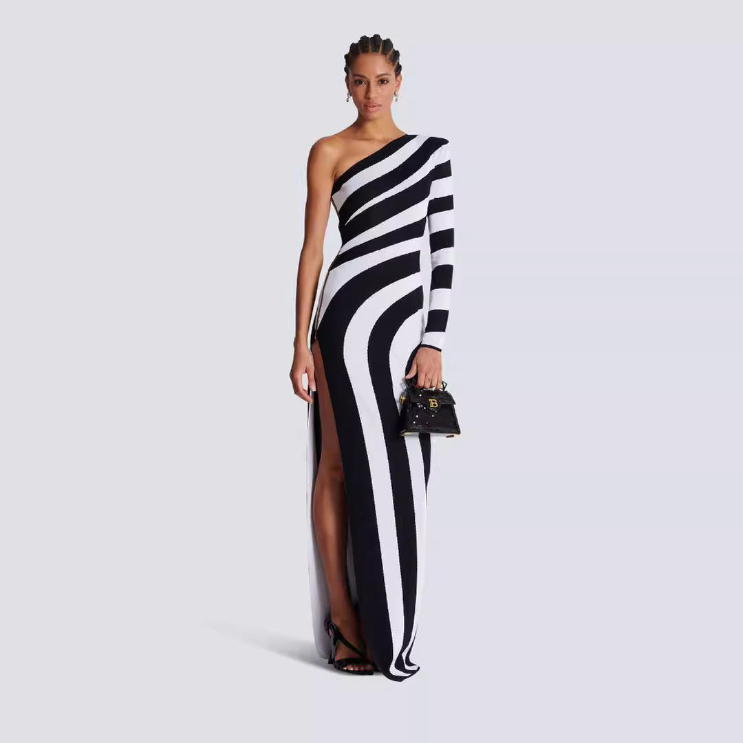 Zebra Stripe Shoulder Long Sleeve Exposed Leg Bandage One-piece Dress