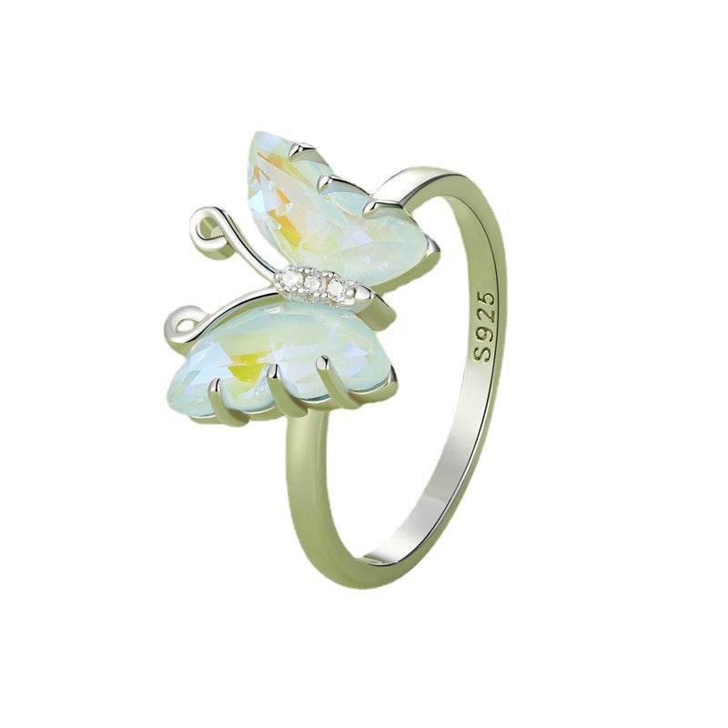 Original Design S925 Sterling Silver Iridescent Butterfly Crystal Ring Female