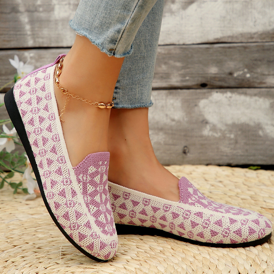 Printed Round Toe Flat Shoes Fashion Casual Hollow Breathable Knitted Shoes Loafers For Women