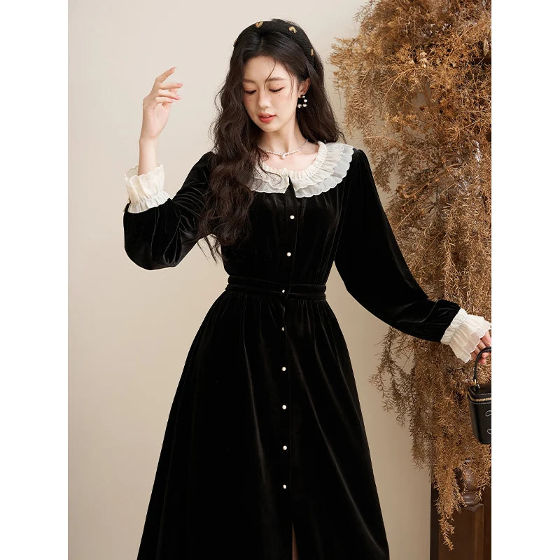 Elegant Women's Velvet Button Down Dress for Autumn/Winter