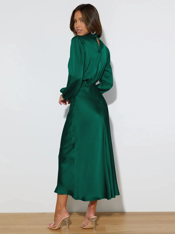 Elegant Satin Long-Sleeved Ruched Slim Dress for Evening and Parties – Autumn