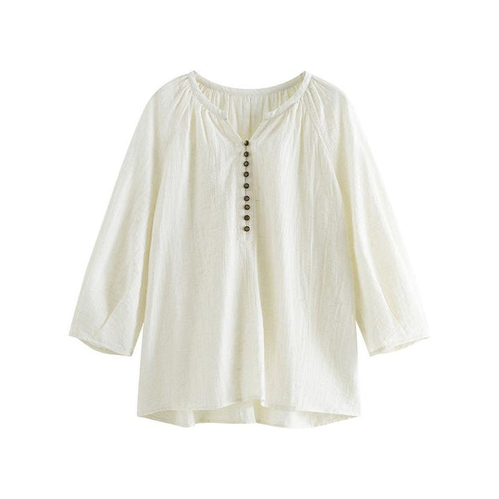 Elegant Beige Linen Blend Blouse with Three-Quarter Raglan Sleeves for Summer