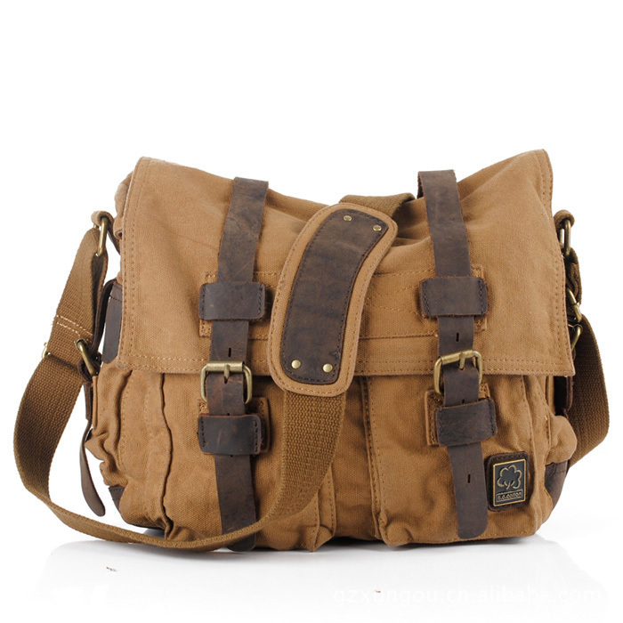 Men Casual Canvas Cowhide Big Crossbody Shoulder Bag